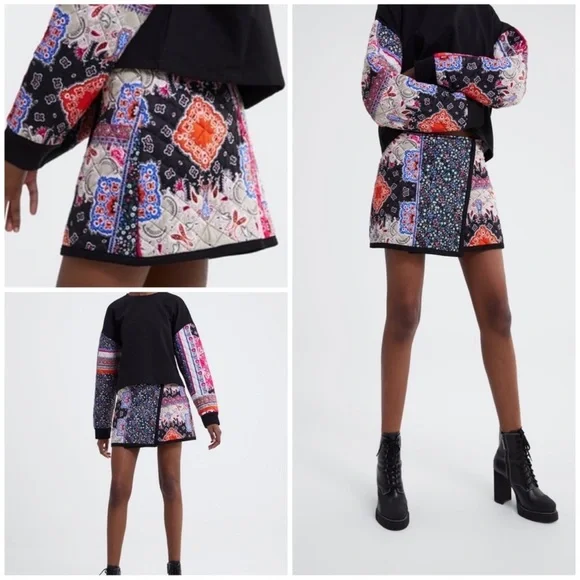 ZARA Small Scarf Print Bandana Paisley Quilted Patchwork Asymmetrical Skirt - Picture 2 of 3